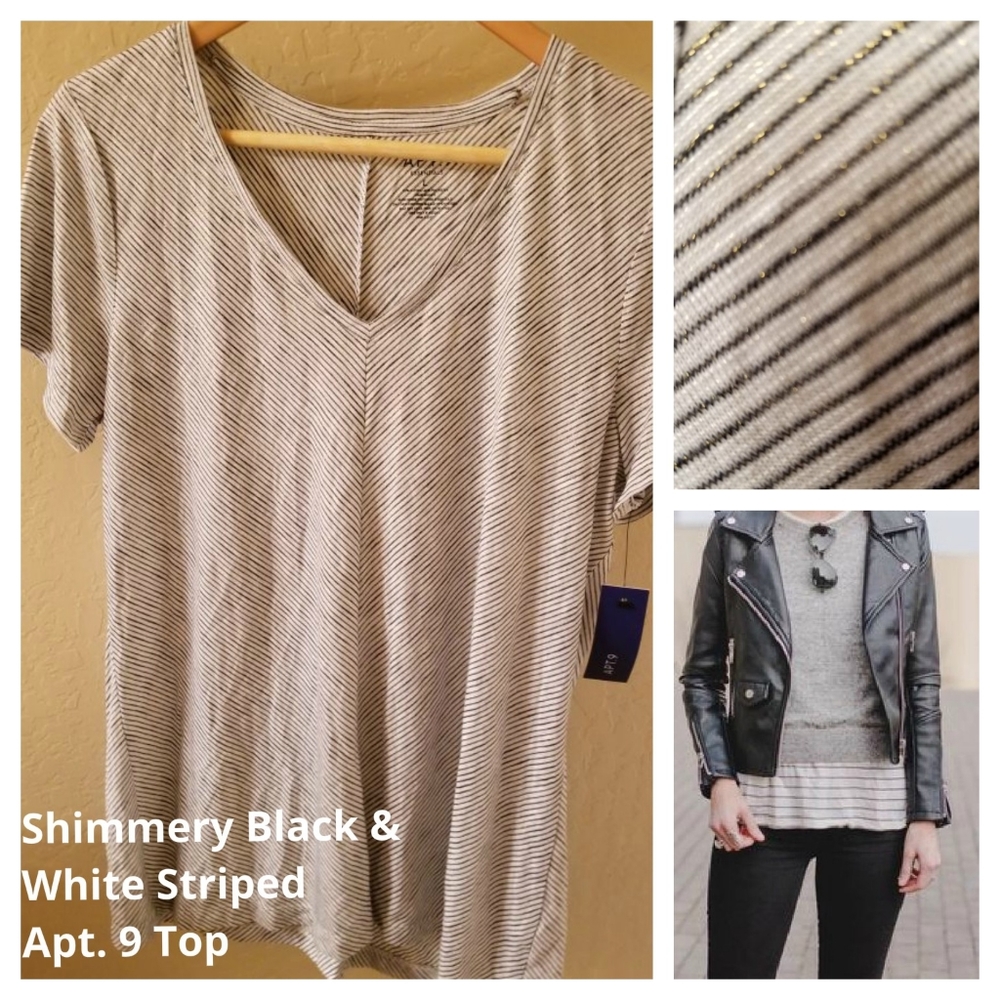 Apt. 9 NWT Gold Shimmer Black White Striped Top L